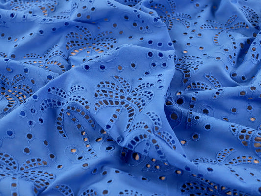 Fabric Godmother Palm Tree Cotton Broderie Anglaise Dressmaking Fabric in Periwinkle Blue