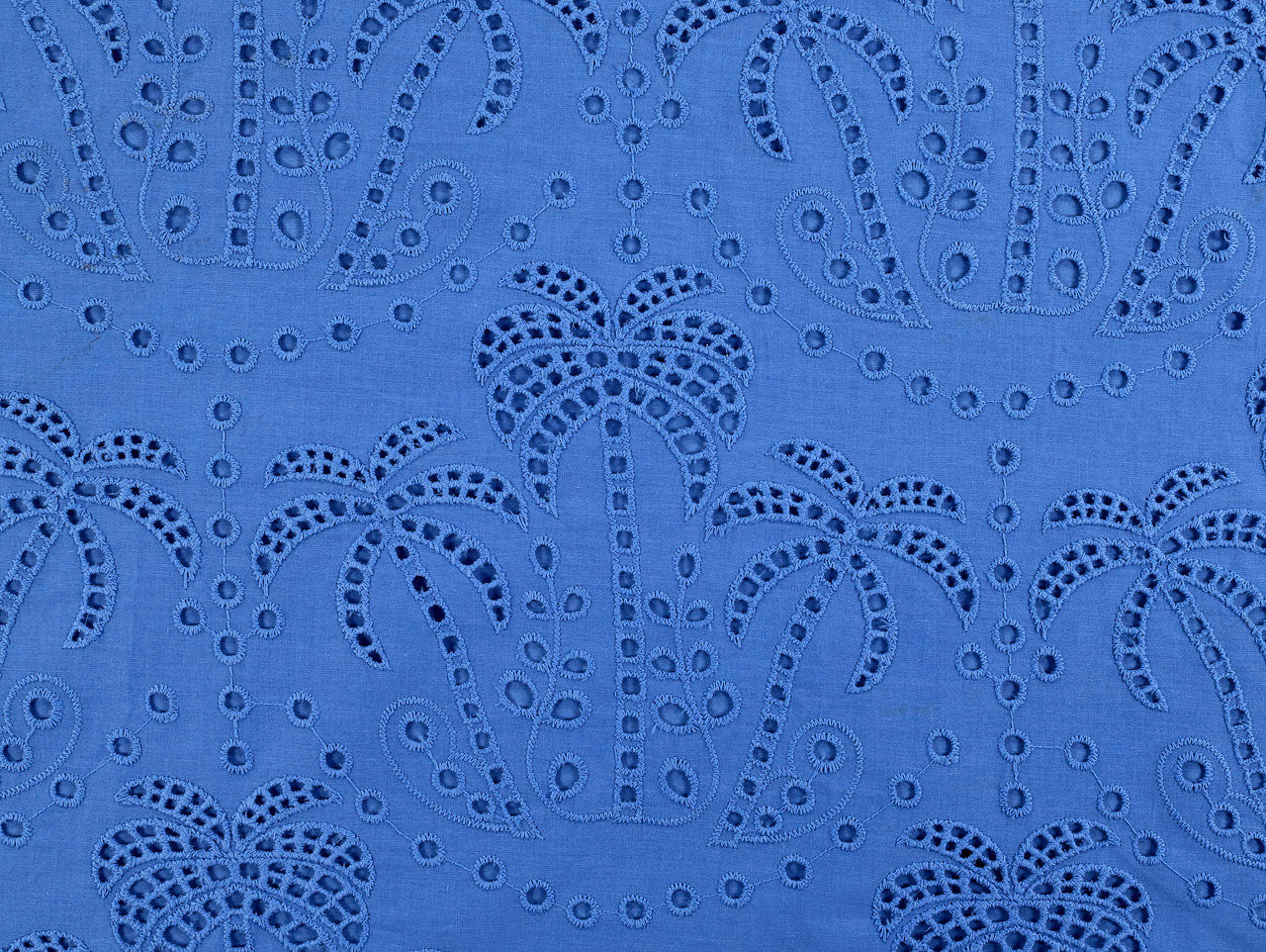 Fabric Godmother Palm Tree Cotton Broderie Anglaise Dressmaking Fabric in Periwinkle Blue