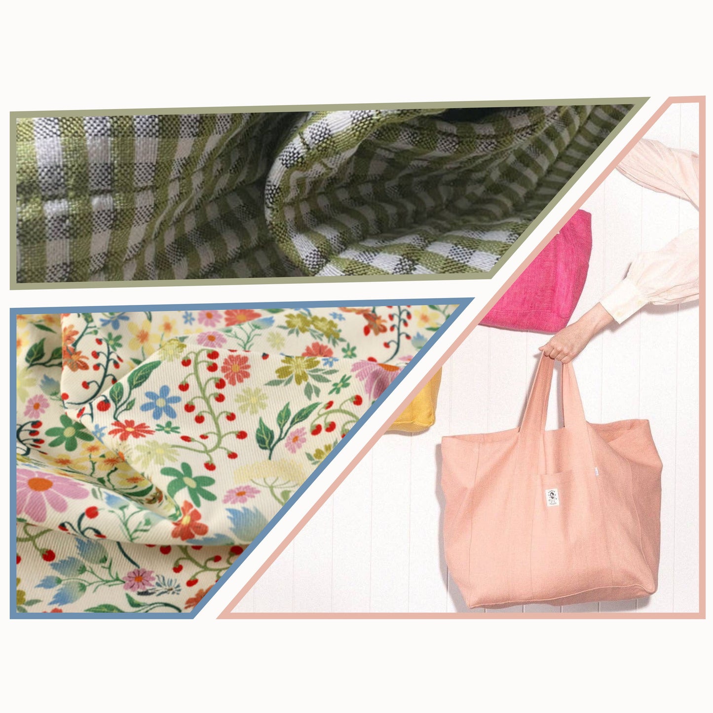 quilted gingham fabric, floral denim fabric, make your own beach tote bag