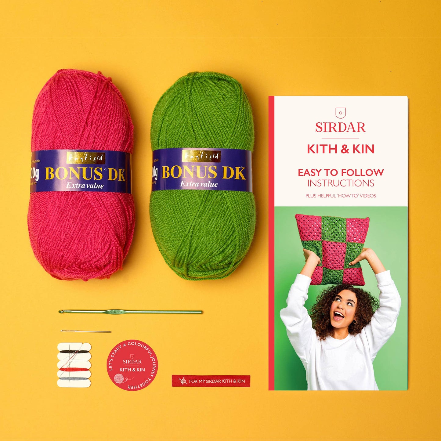 Kit de cojín de cuadrados de abuelita, Sirdar Kith & Kin – Kit completo de crochet