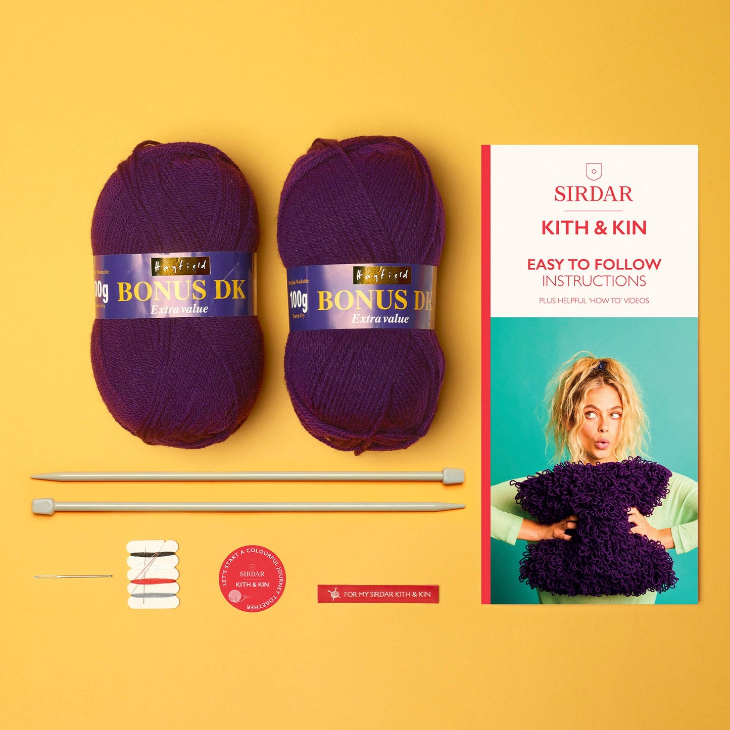 Kit de tejido Loopy Cushion, Sirdar Kith & Kin, kit completo para principiantes