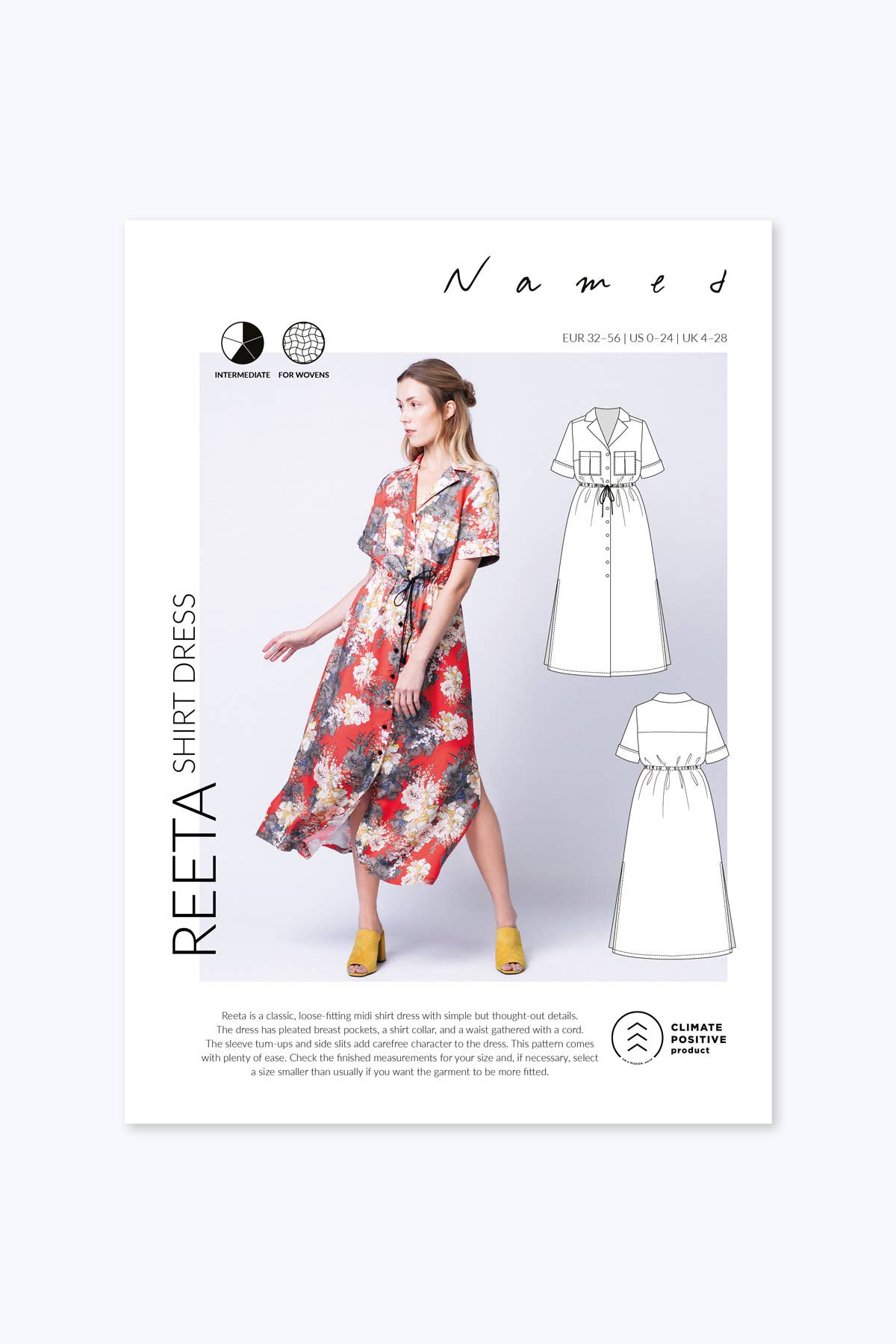Patron de couture pour robe chemise Reeta par Named, patron papier, tailles 4 à 28