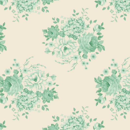 Tilda Sunday Brunch Cotton Fabric Mia Design in Teal, for Quilting, Crafts and Dressmaking.