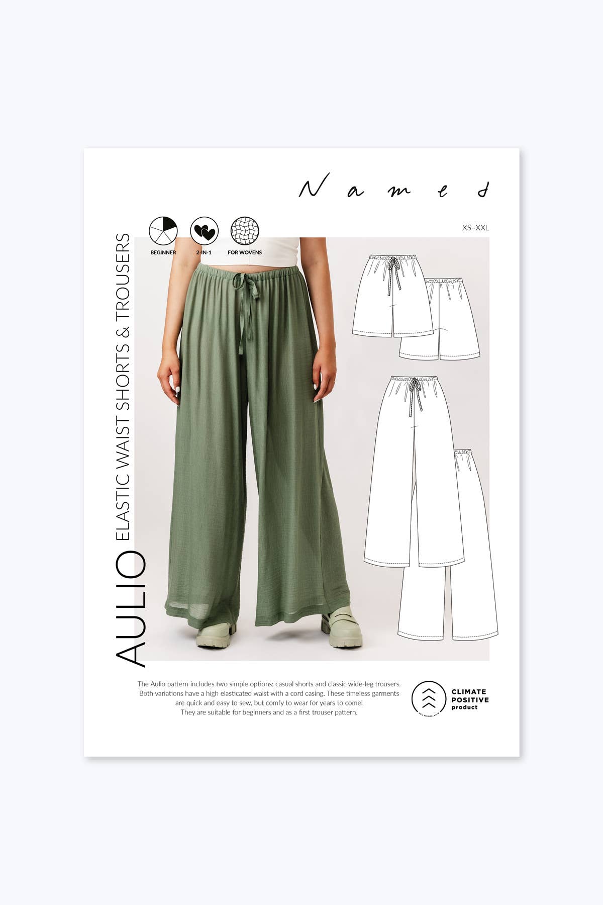 Patron de couture pour pantalons et shorts à taille élastique Aulio, patron papier, tailles XS à XXL