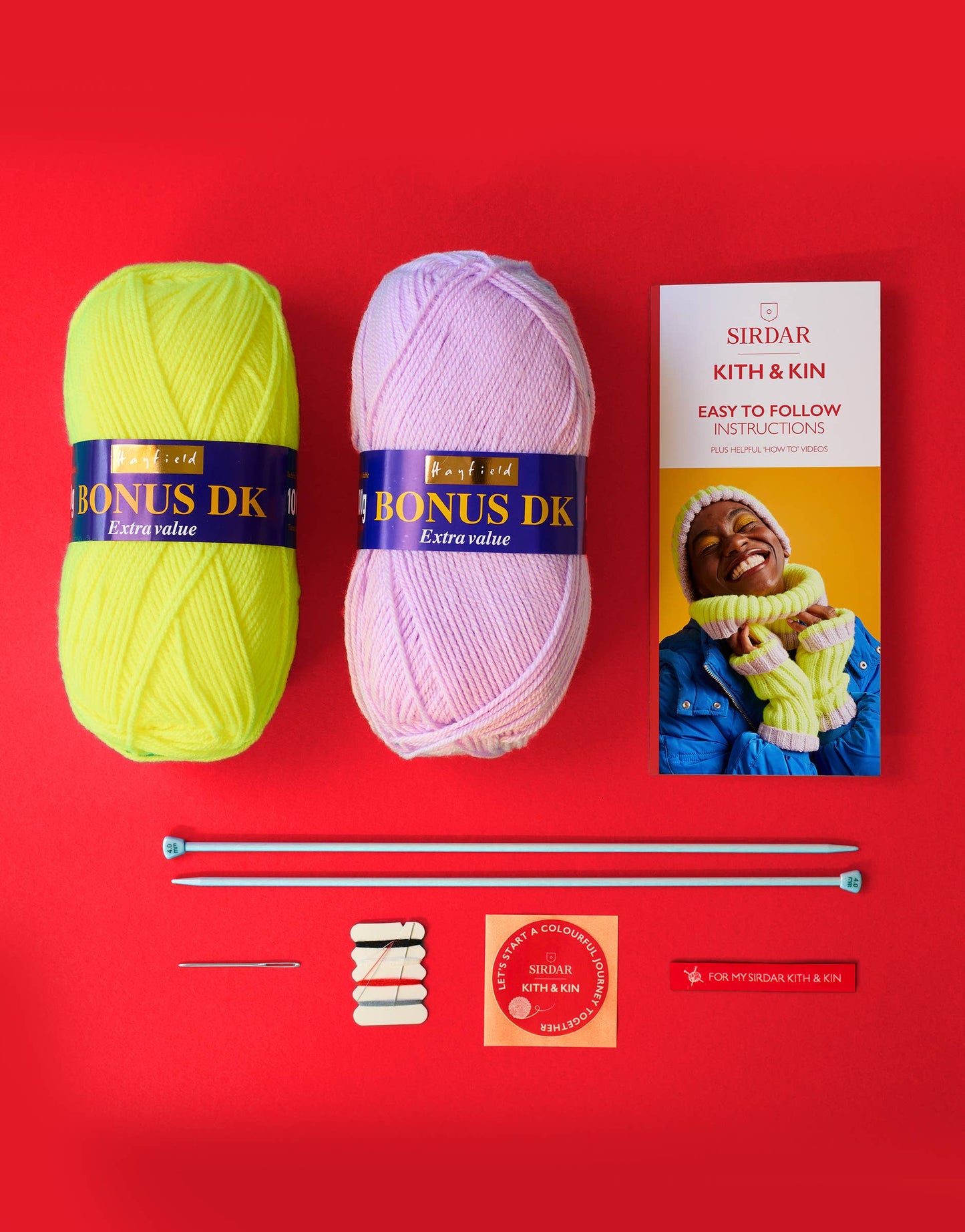 Highlighter Hat Set Knitting Kit, Sirdar Kith & Kin, Complete Beginner Knitting Kit