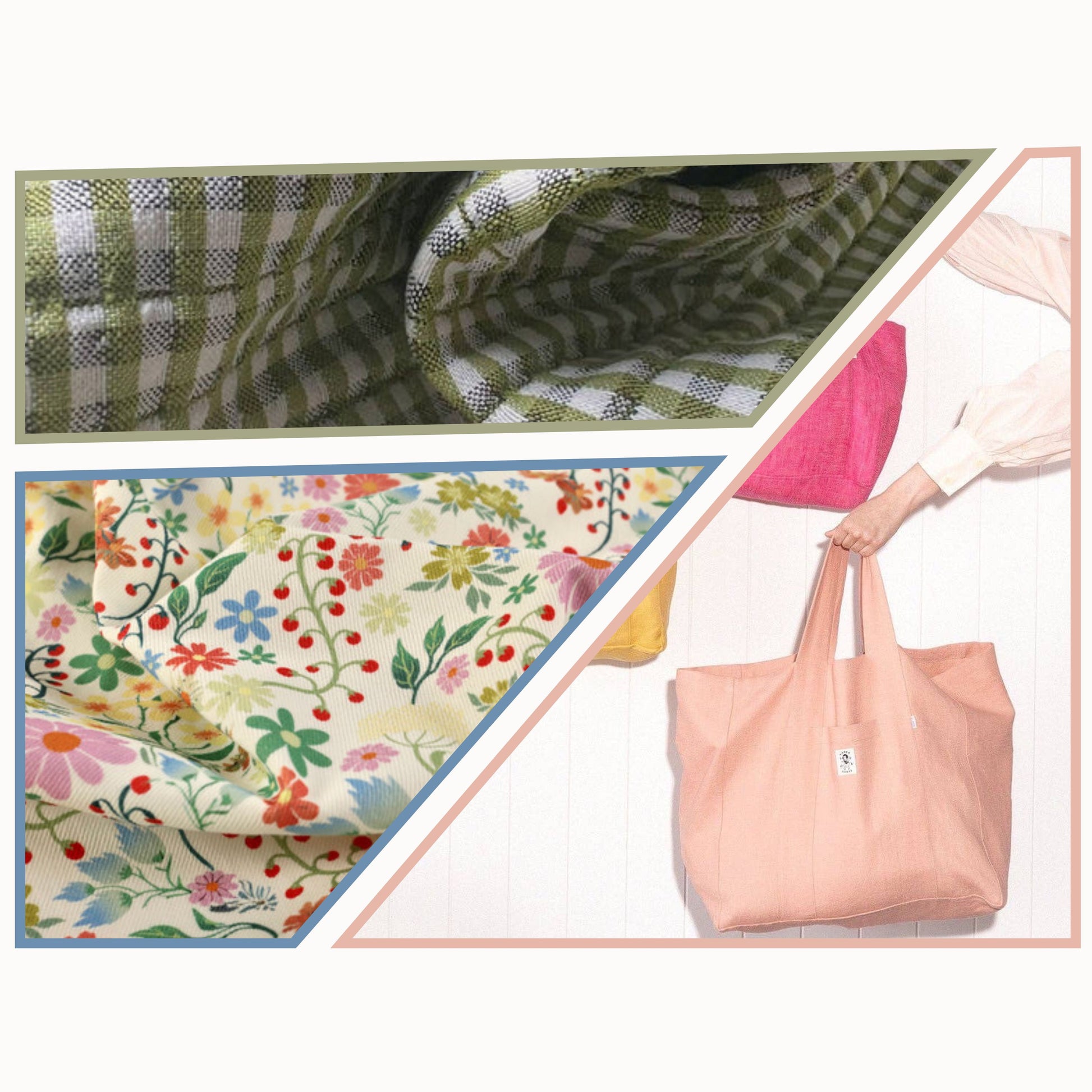 quilted gingham fabric, floral denim fabric, make your own beach tote bag